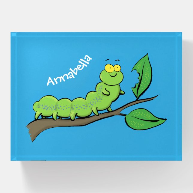 Happy cute green caterpillar cartoon illustration paperweight (Front)