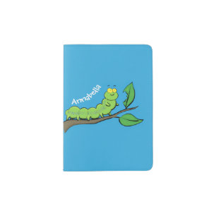 Happy cute green caterpillar cartoon illustration passport holder