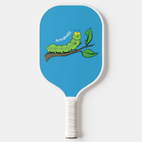 Happy cute green caterpillar cartoon illustration  pickleball paddle