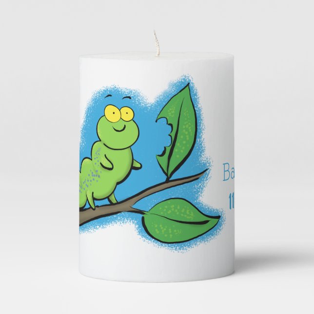 Happy cute green caterpillar cartoon illustration pillar candle (Front)