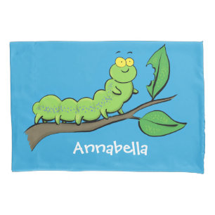 Happy cute green caterpillar cartoon illustration pillow case