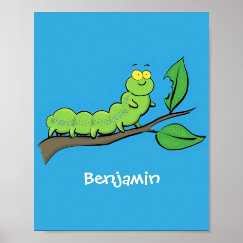 Happy cute green caterpillar cartoon illustration poster