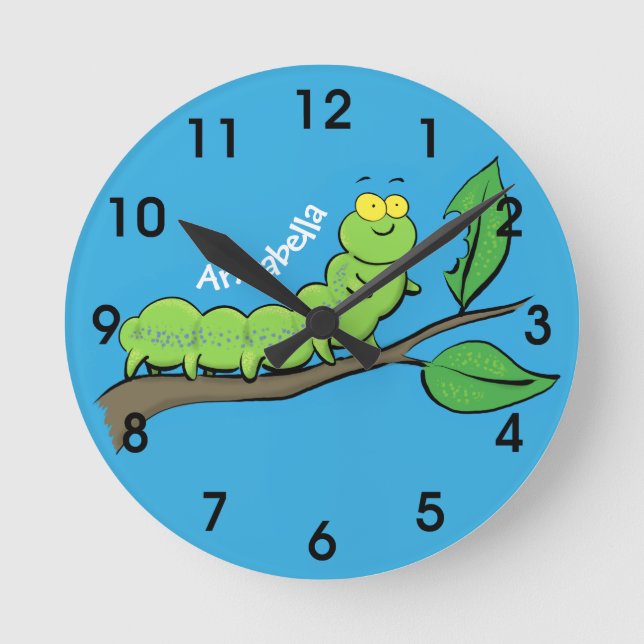 Happy cute green caterpillar cartoon illustration round clock (Front)