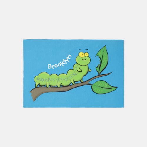 Happy cute green caterpillar cartoon illustration rug