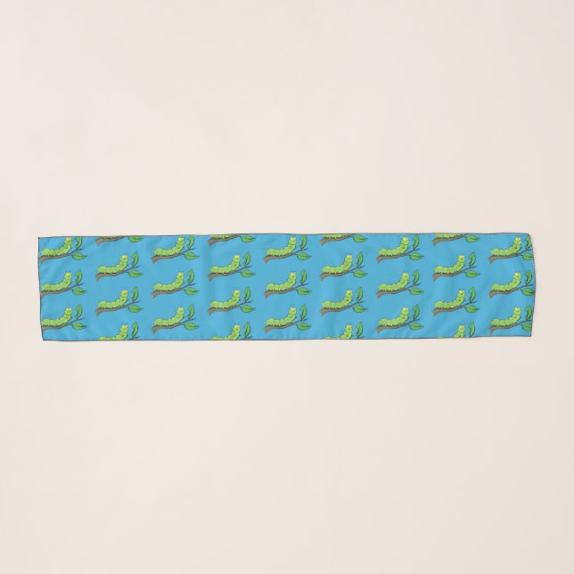 Happy cute green caterpillar cartoon illustration scarf (Front (Horizontal))