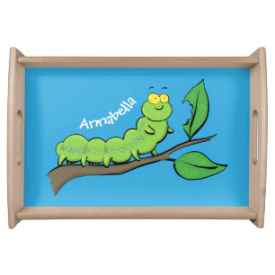 Happy cute green caterpillar cartoon illustration serving tray