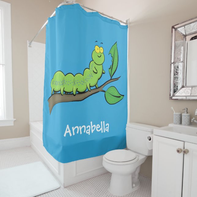 Happy cute green caterpillar cartoon illustration shower curtain (In Situ)