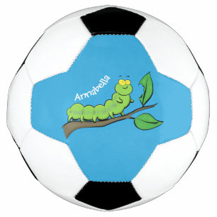 Happy cute green caterpillar cartoon illustration soccer ball
