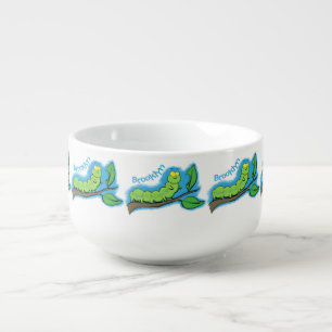 Happy cute green caterpillar cartoon illustration soup mug
