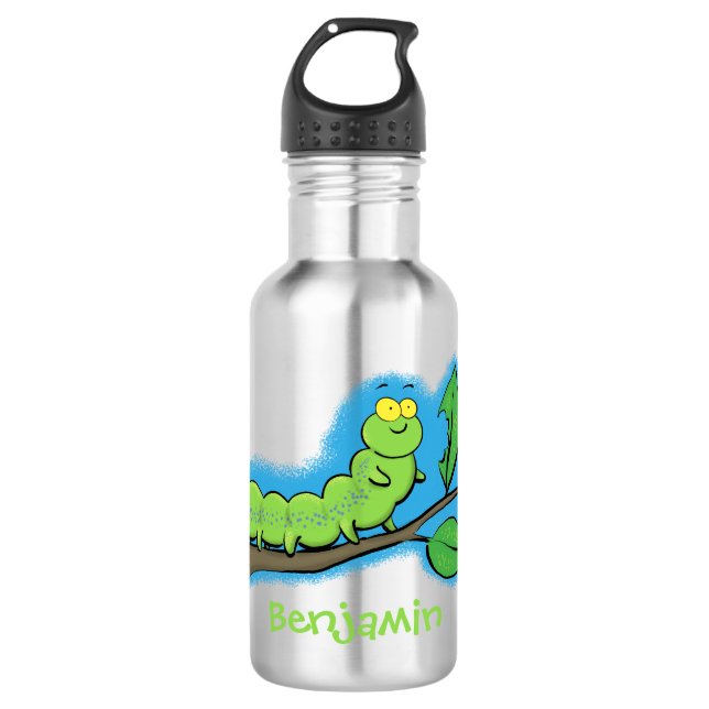 Happy cute green caterpillar cartoon illustration stainless steel water bottle (Front)