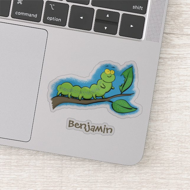Happy cute green caterpillar cartoon illustration sticker (Detail)