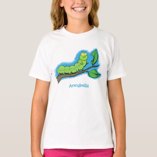 Happy cute green caterpillar cartoon illustration T_Shirt