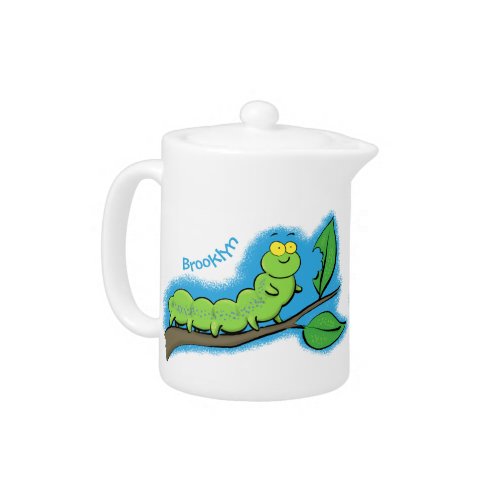 Happy cute green caterpillar cartoon illustration teapot