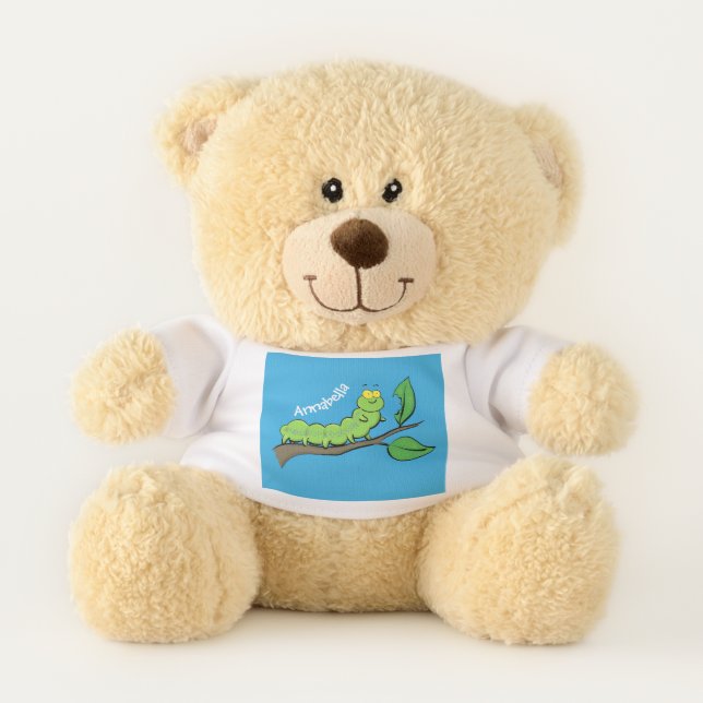 Happy cute green caterpillar cartoon illustration teddy bear (Front)