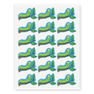 Happy cute green caterpillar cartoon illustration temporary tattoos