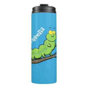 Happy cute green caterpillar cartoon illustration thermal tumbler