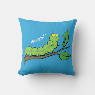 Happy cute green caterpillar cartoon illustration throw pillow