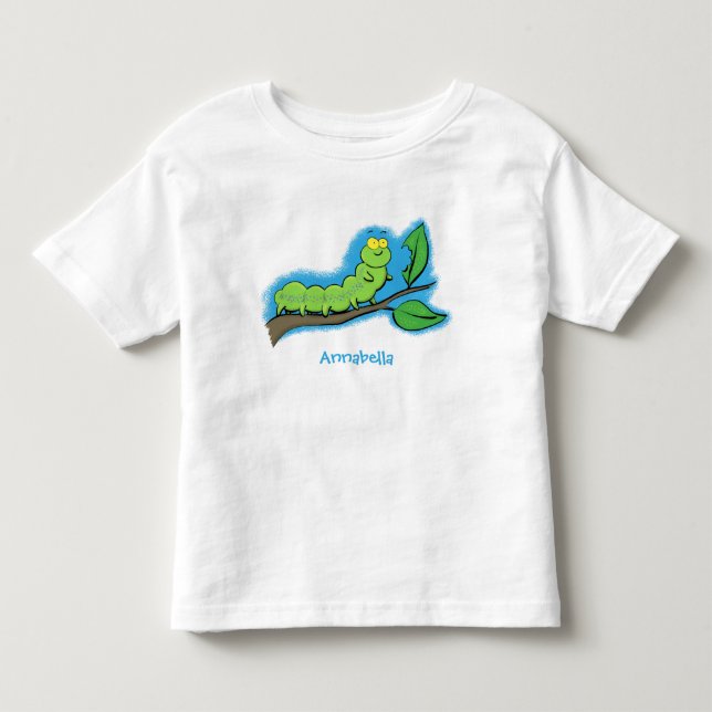 Happy cute green caterpillar cartoon illustration toddler t-shirt (Front)