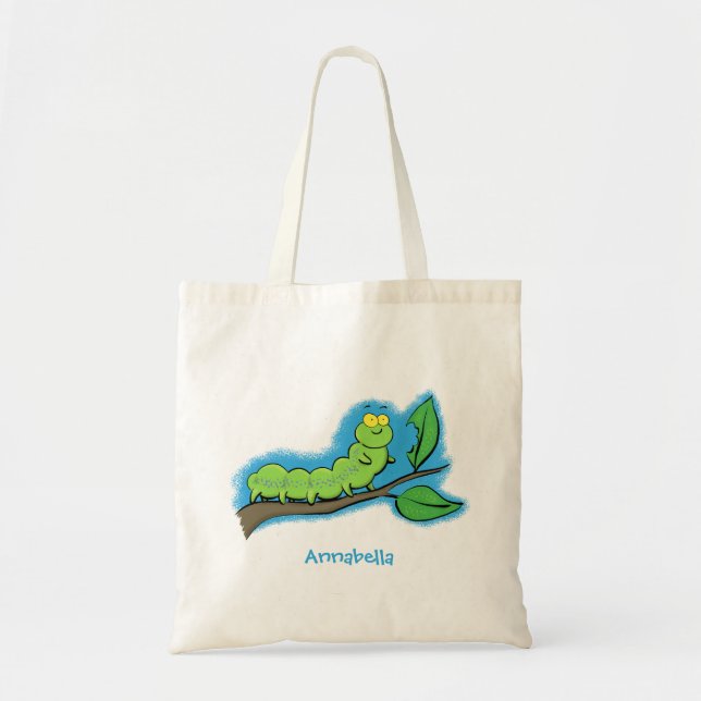 Happy cute green caterpillar cartoon illustration tote bag (Front)