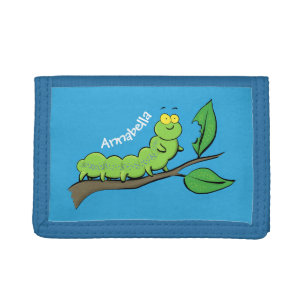 Happy cute green caterpillar cartoon illustration trifold wallet