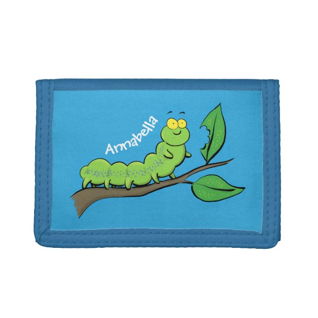 Happy cute green caterpillar cartoon illustration trifold wallet (Front)