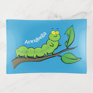 Happy cute green caterpillar cartoon illustration trinket tray