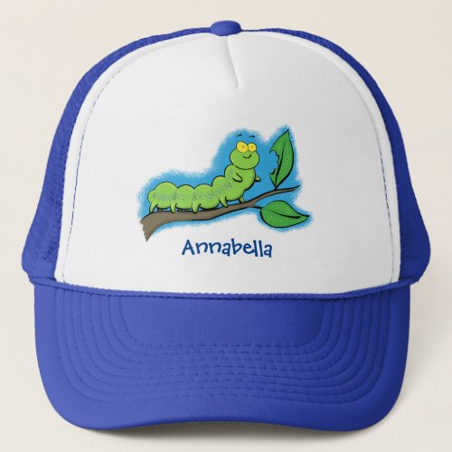 Happy cute green caterpillar cartoon illustration trucker hat