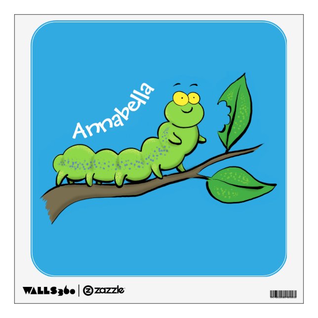 Happy cute green caterpillar cartoon illustration wall decal (Front)