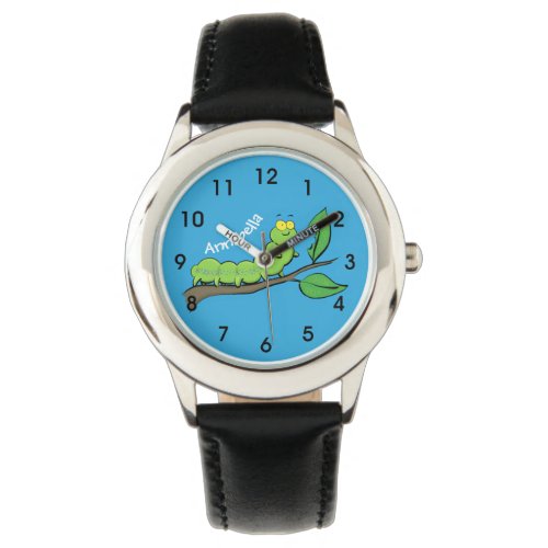 Happy cute green caterpillar cartoon illustration watch