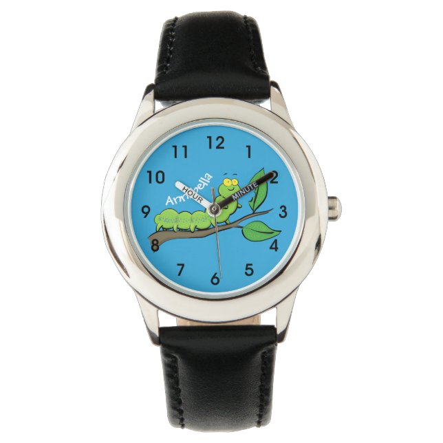 Happy cute green caterpillar cartoon illustration watch (Front)
