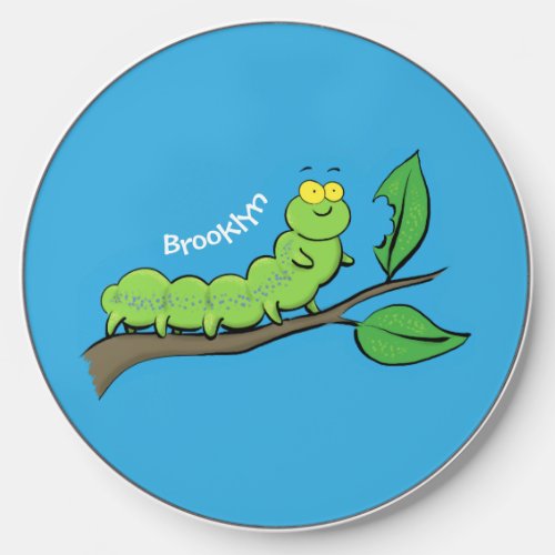 Happy cute green caterpillar cartoon illustration wireless charger 