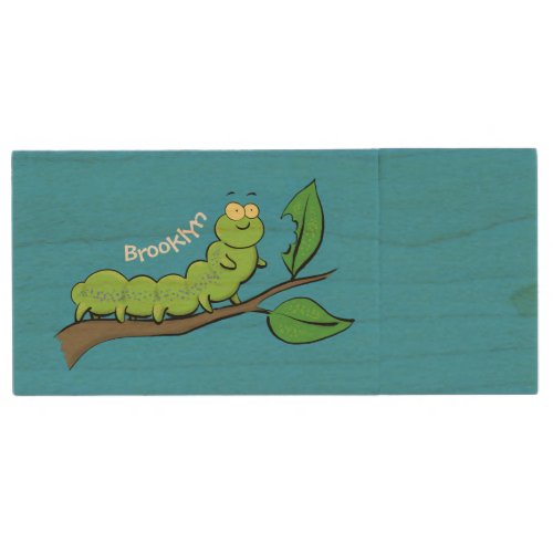 Happy cute green caterpillar cartoon illustration wood flash drive