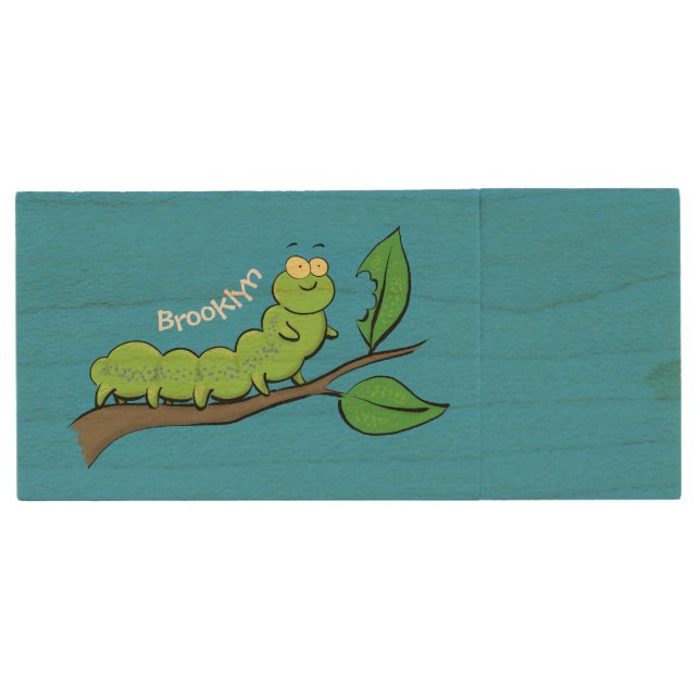 Happy cute green caterpillar cartoon illustration wood flash drive (Front)