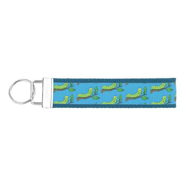 Happy cute green caterpillar cartoon illustration wrist keychain (Keys on Left)