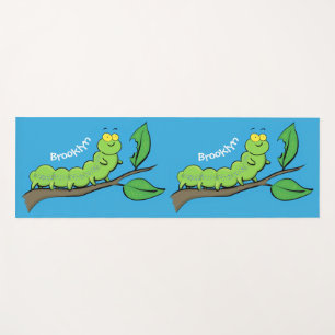 Happy cute green caterpillar cartoon illustration yoga mat