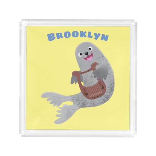 Happy cute harp seal cartoon illustration acrylic tray