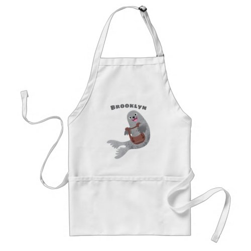 Happy cute harp seal cartoon illustration adult apron