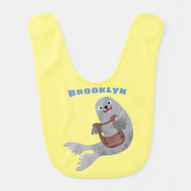 Happy cute harp seal cartoon illustration baby bib (Front)