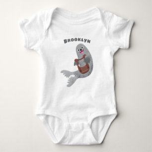 Happy cute harp seal cartoon illustration baby bodysuit