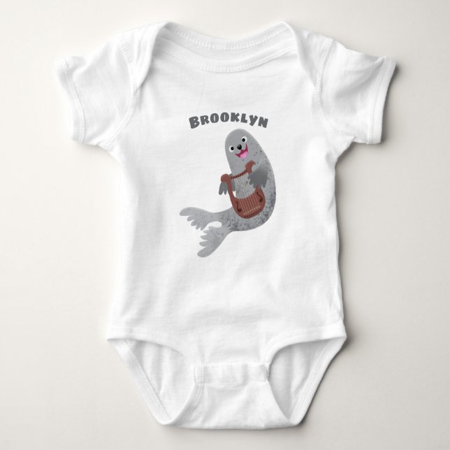 Happy cute harp seal cartoon illustration baby bodysuit (Front)