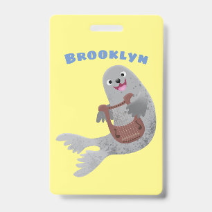 Happy cute harp seal cartoon illustration badge