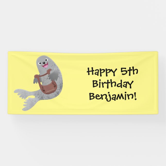 Happy cute harp seal cartoon illustration banner (Horizontal)