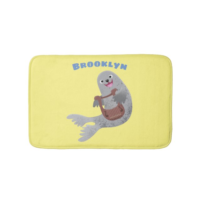 Happy cute harp seal cartoon illustration bath mat (Front)