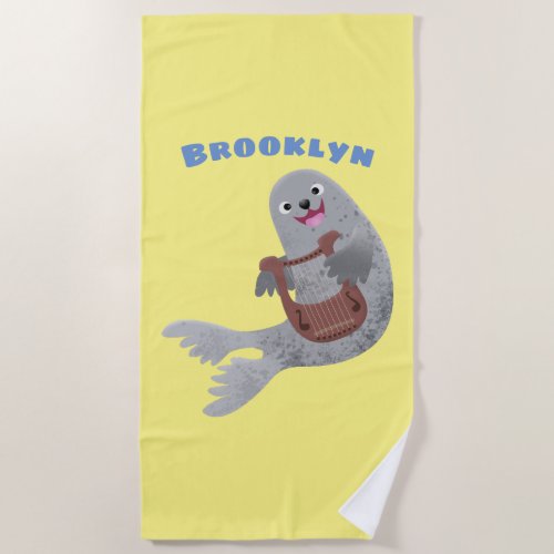 Happy cute harp seal cartoon illustration beach towel