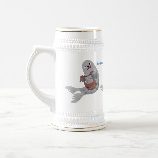 Happy cute harp seal cartoon illustration beer stein (Left)