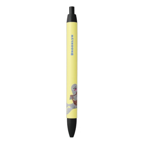 Happy cute harp seal cartoon illustration black ink pen