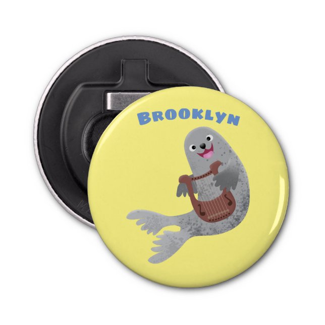 Happy cute harp seal cartoon illustration bottle opener (Front)