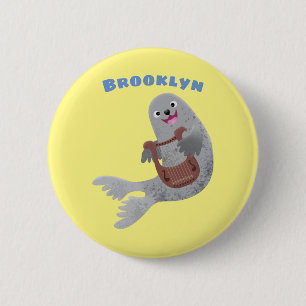 Happy cute harp seal cartoon illustration button