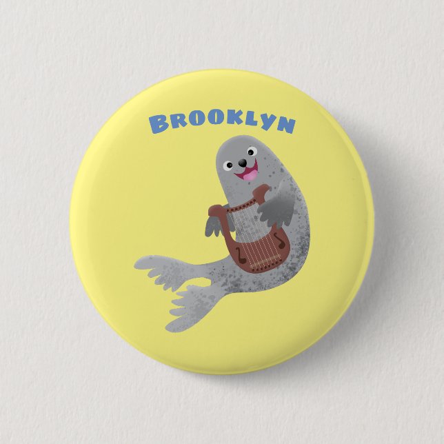 Happy cute harp seal cartoon illustration button (Front)