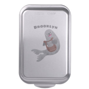 Happy cute harp seal cartoon illustration cake pan